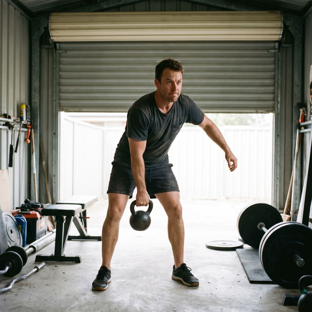 A man doing kettlebell swings in his garage gym